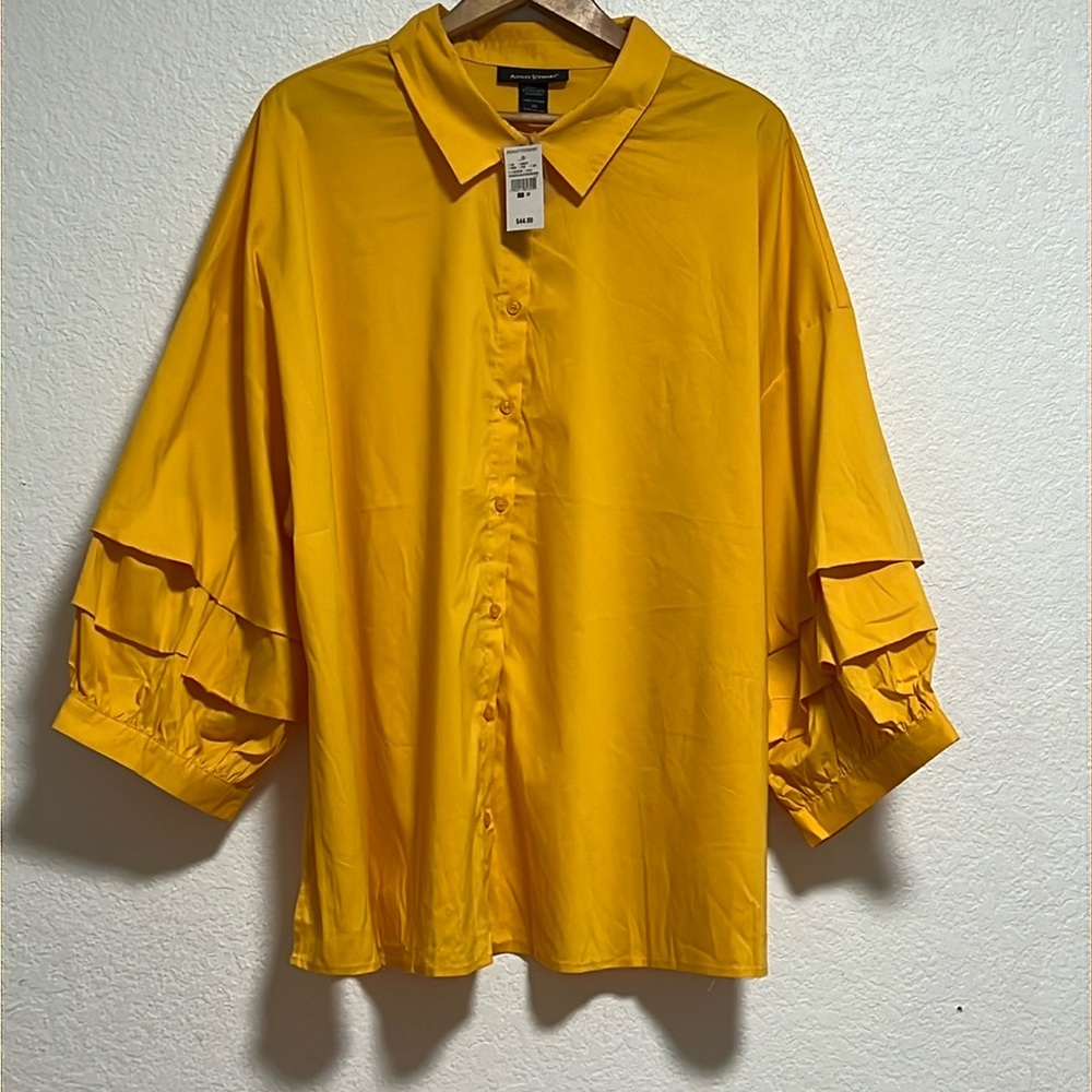 NWT Ashley Stewart Yellow Tucked Sleeve Button Up Size 28